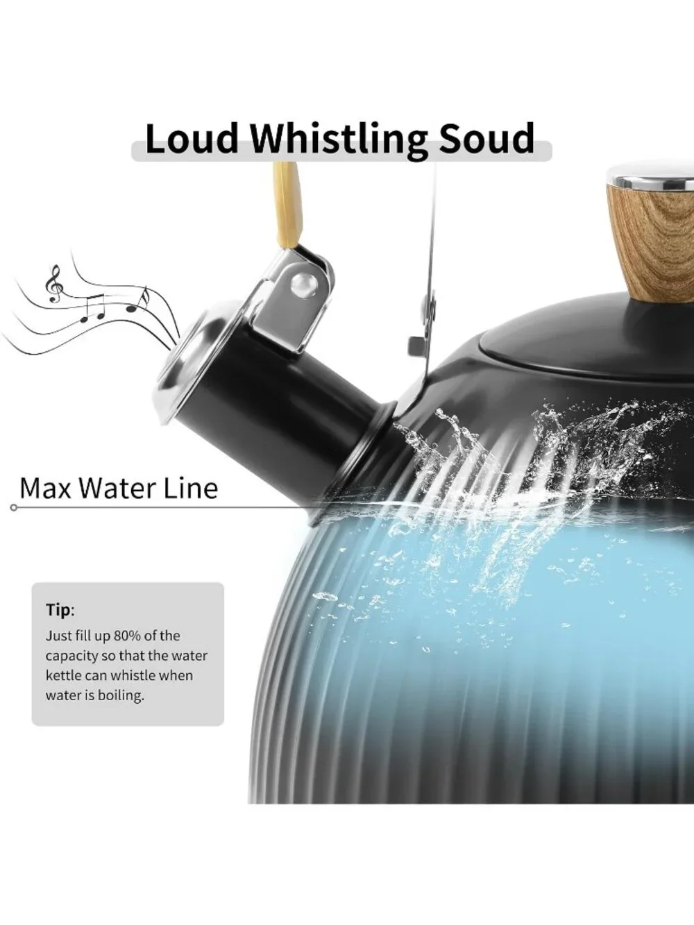 Black Stainless Steel Kitchen Whistling Tea Kettle 2.5 Quart Folding Wood Handle